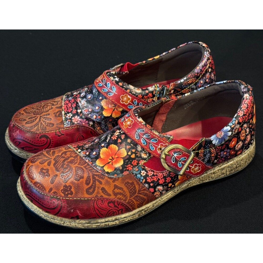 Socofy Women's Leather Multicolor Floral Embossed Side Zip Boho Mules 40/9-9.5